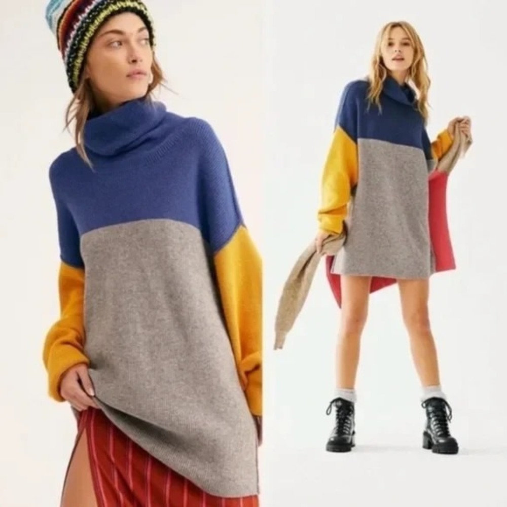 Free People Women Softly Structured Color Block Sweater Sz S Blue Gray Yellow